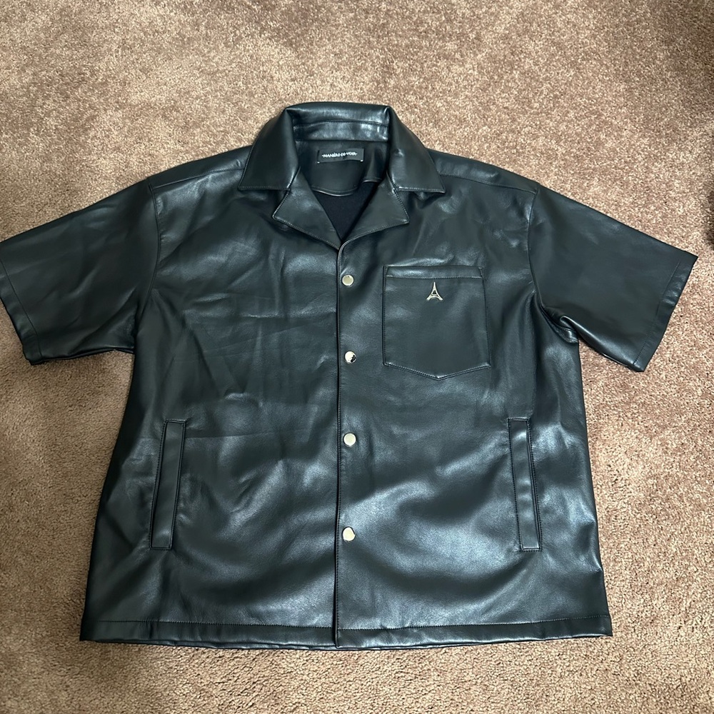 Men Black Faux Leather Short Sleeve top